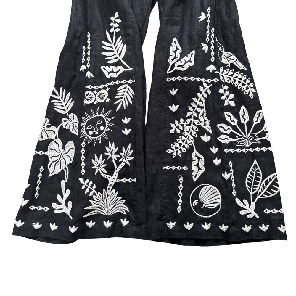 Johnny Was Workshop Luciana Linen Wide Leg Pants XS Black Embroidered Celestial - Picture 4 of 9